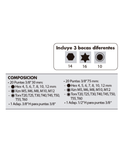 Juego puntas 42 piezas de 3/8"