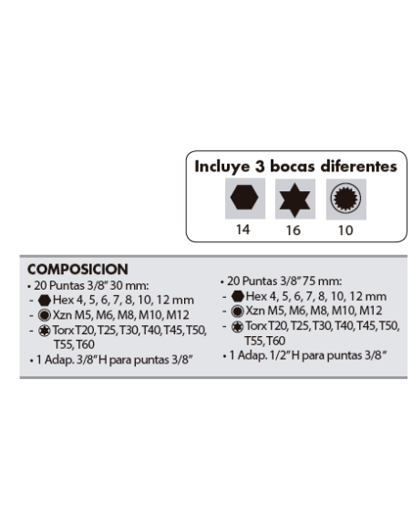 Juego puntas 42 piezas de 3/8"